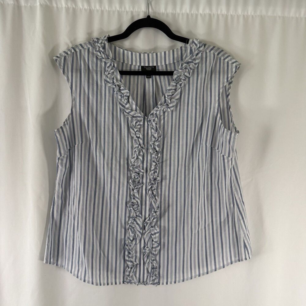 Talbots Tank Top Women's 16P White Blue Striped Sleeveless 100% Cotton